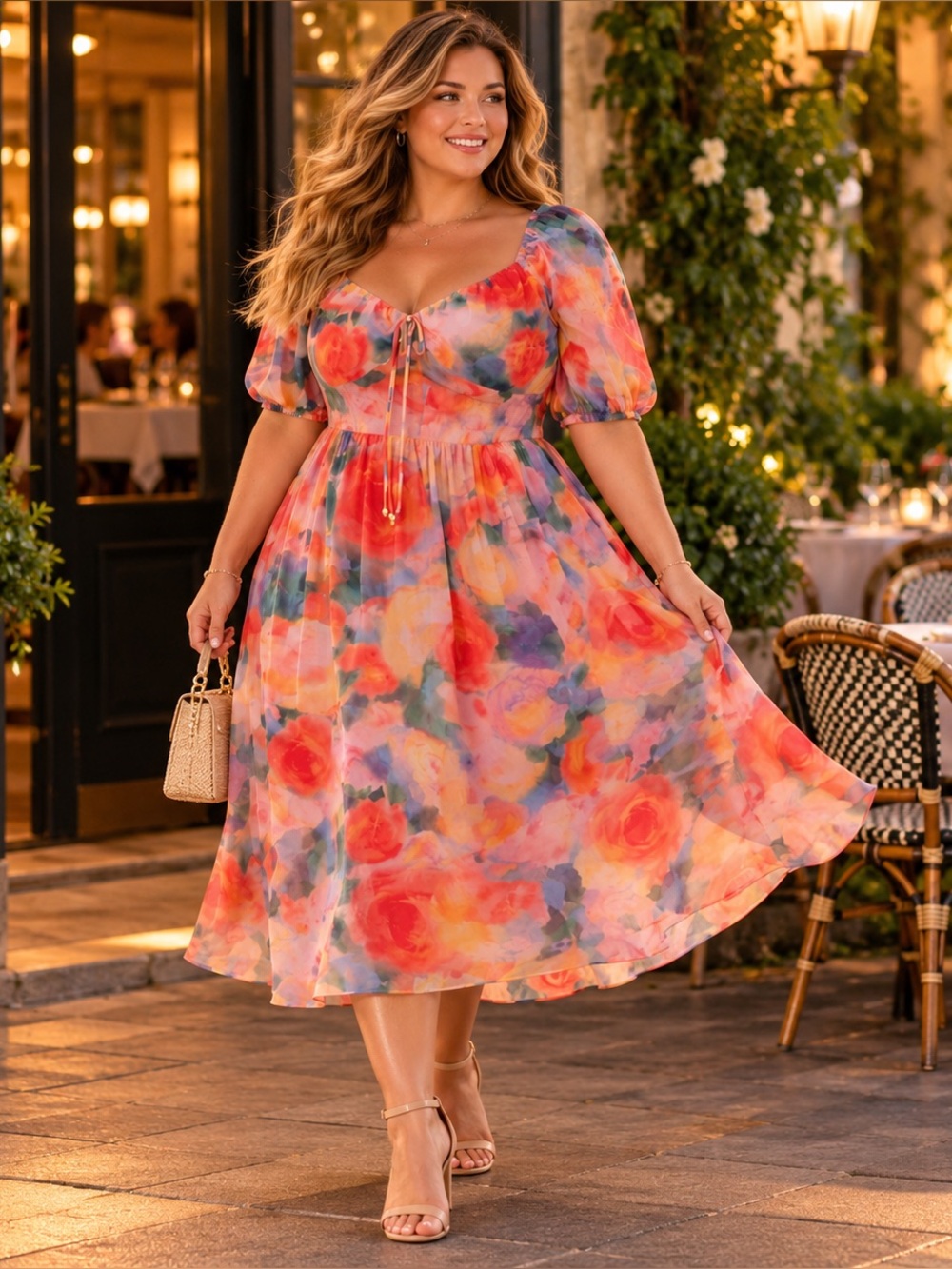 NWT Vince Camuto Plus Floral Chiffon A-Line Midi Dress Puff Sleeve w/Pockets 20W